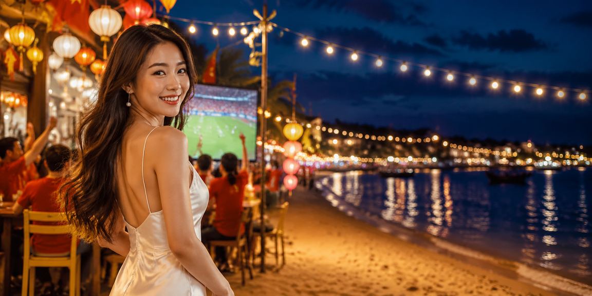 Người chơi tại Hội An theo dõi kèo bóng đá qua điện thoại dưới ánh đèn lồng lung linh